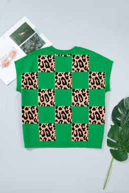 Green Plus Size Leopard Contrasted Checkered Short Sleeve Sweater