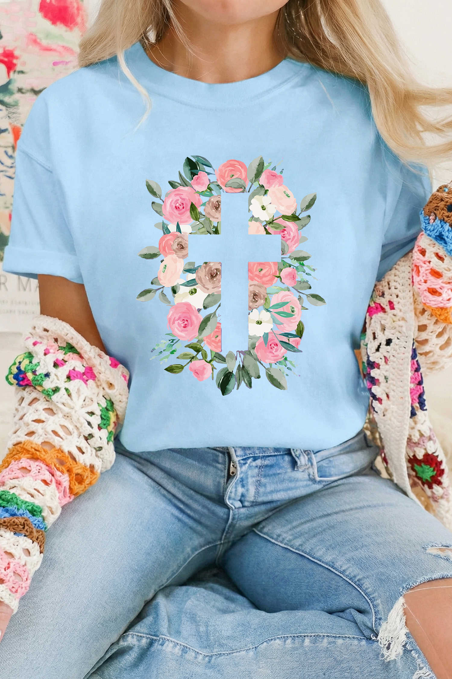 Light Blue Floral Printed Faith Easter Graphic Tee