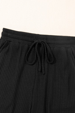 Black Solid Color Waffled V Neck Loose Tee Drawstring Shorts Set