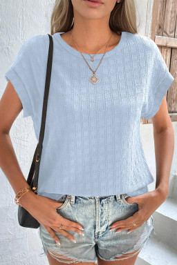 Sky Blue Solid Color Textured Batwing Sleeve Tee