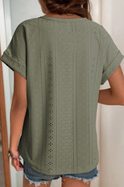 Four Leaf Clover Solid Color Eyelet Jacquard Cuffed Short Sleeve Top