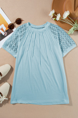 Mist Blue Seamed Detail Contrast Lace Raglan Sleeve Tee