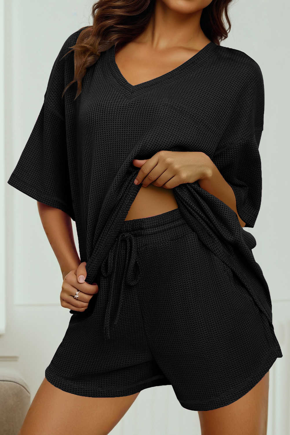 Black Solid Color Waffled V Neck Loose Tee Drawstring Shorts Set