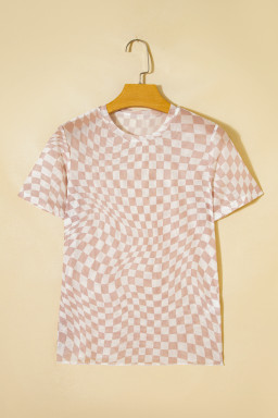 Khaki Checkered Print Crew Neck Mesh T Shirt