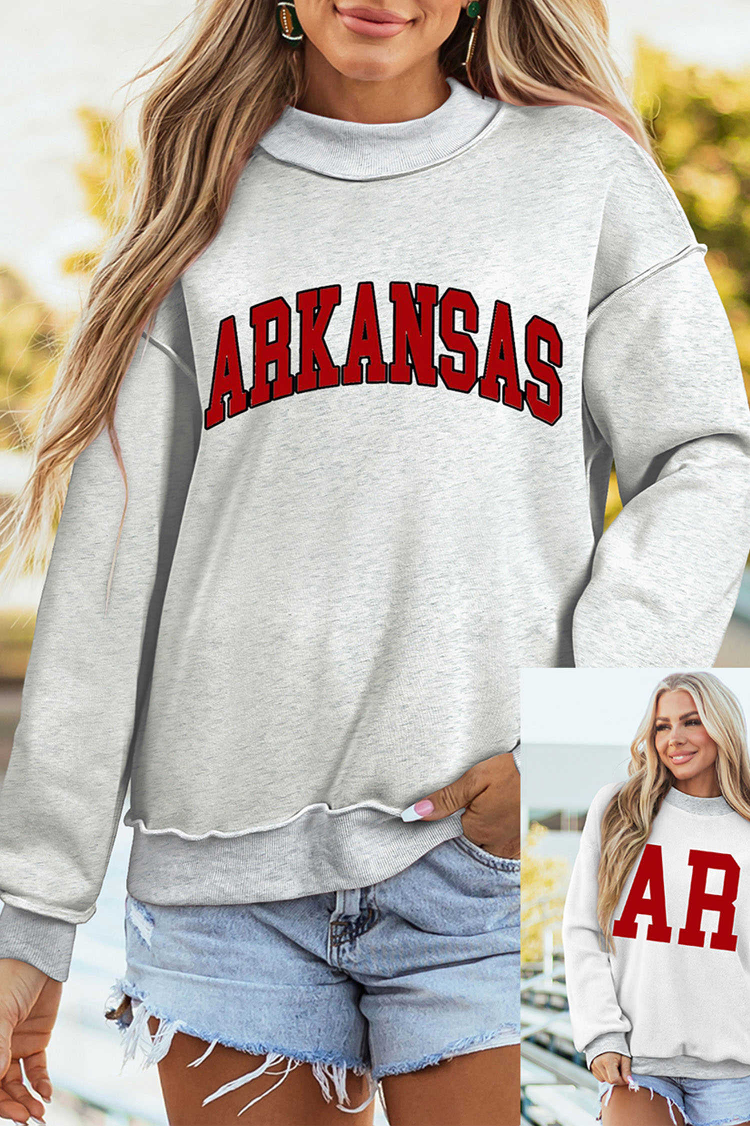 Light Grey ARKANSAS/AR Double Side Print Mock Neck Reversible Sweatshirt