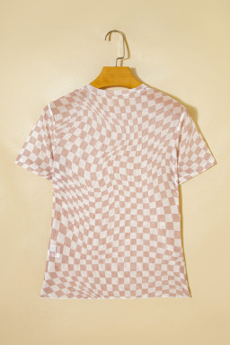 Khaki Checkered Print Crew Neck Mesh T Shirt