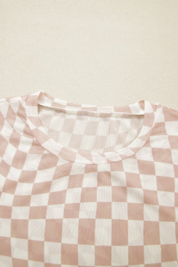 Khaki Checkered Print Crew Neck Mesh T Shirt
