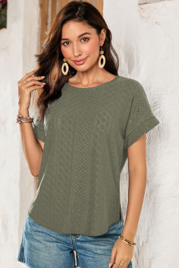 Four Leaf Clover Solid Color Eyelet Jacquard Cuffed Short Sleeve Top