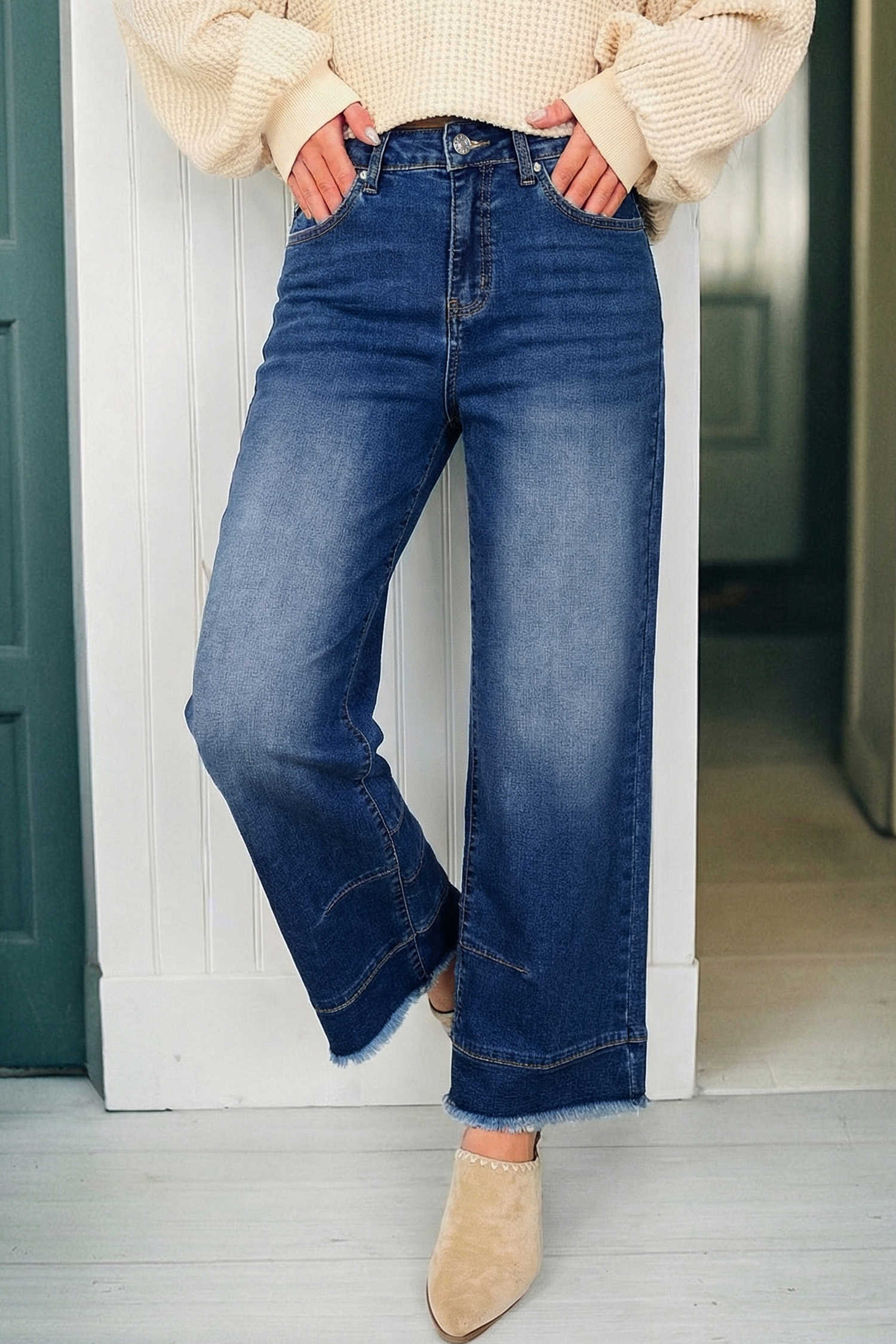 Sky Blue Chic Seam Detail Raw Hem Ankle Length Jeans