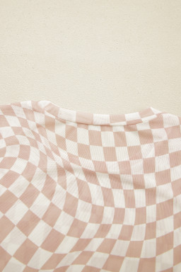 Khaki Checkered Print Crew Neck Mesh T Shirt