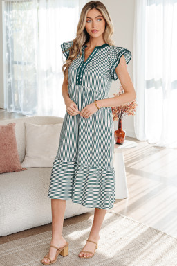 Green Stripe Double Ruffled Short Sleeve Contrast Trim V Neck Midi Dress