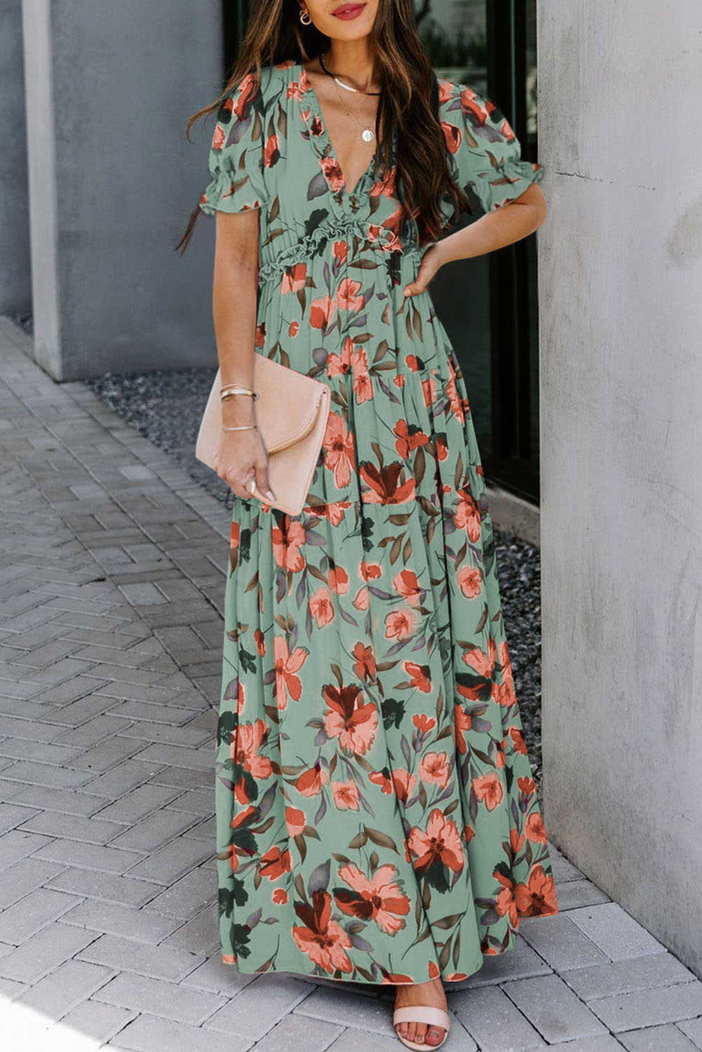 Green Fiery Floral Print Frilled V Neck Short Sleeve Maxi Dress
