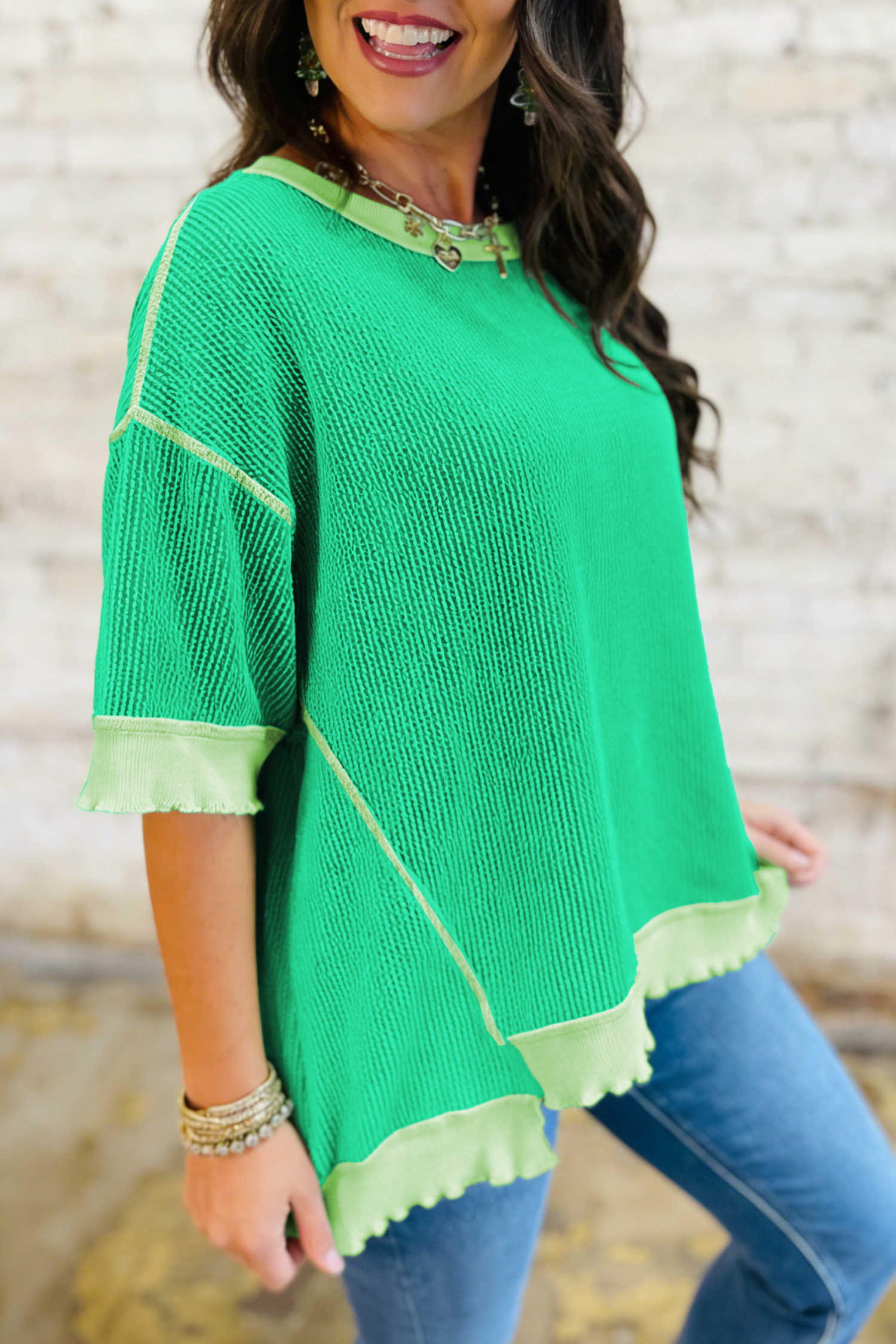 Mint Green Loose Uneven Hem Twist Ribbed T Shirt