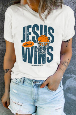 White JESUS WINS Retro Basketball Printed Tee