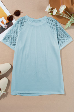 Mist Blue Seamed Detail Contrast Lace Raglan Sleeve Tee