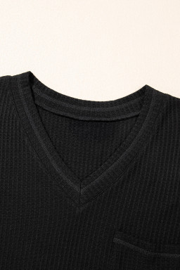 Black Solid Color Waffled V Neck Loose Tee Drawstring Shorts Set