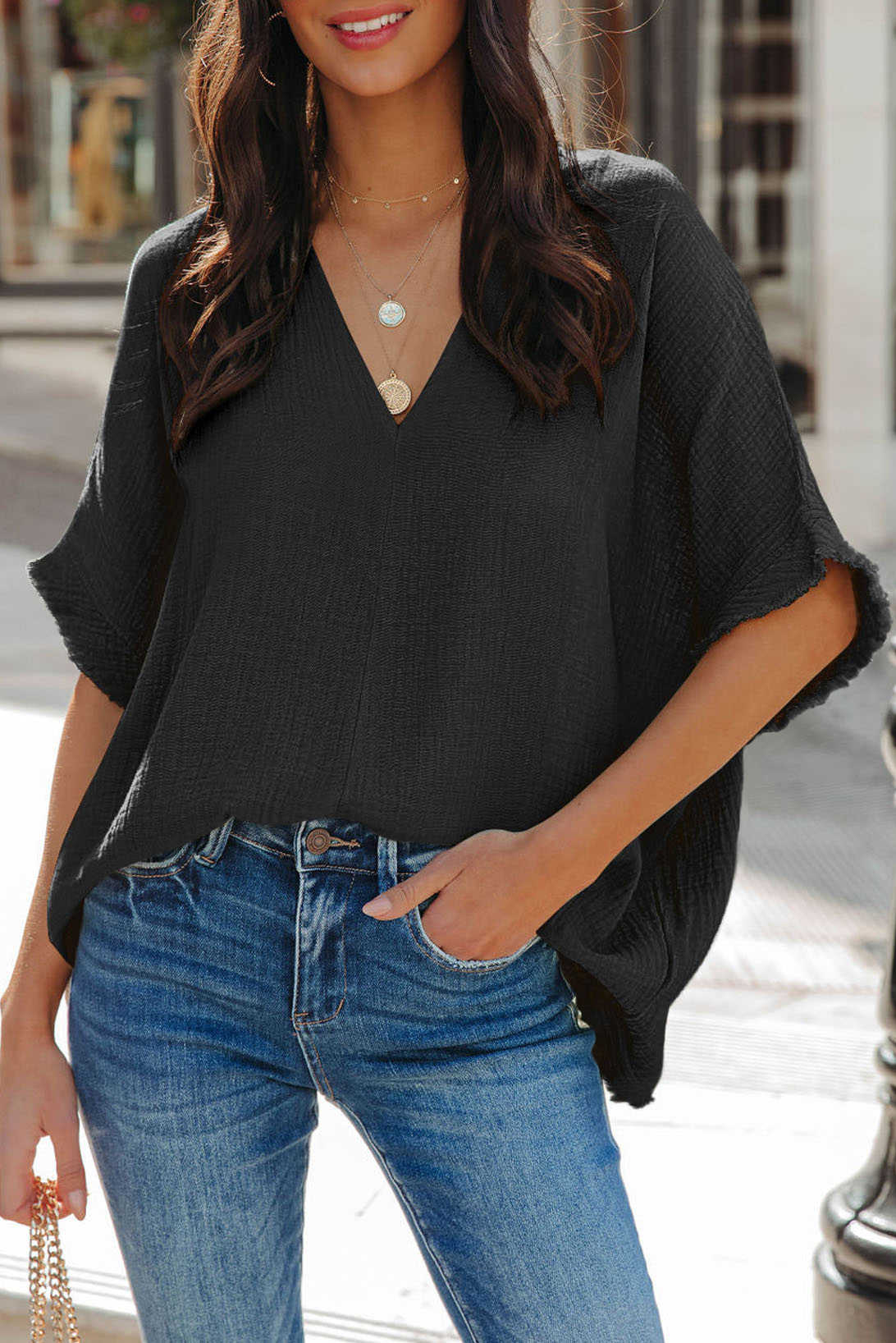 Black Frayed Batwing Sleeve Textured Cotton Blouse