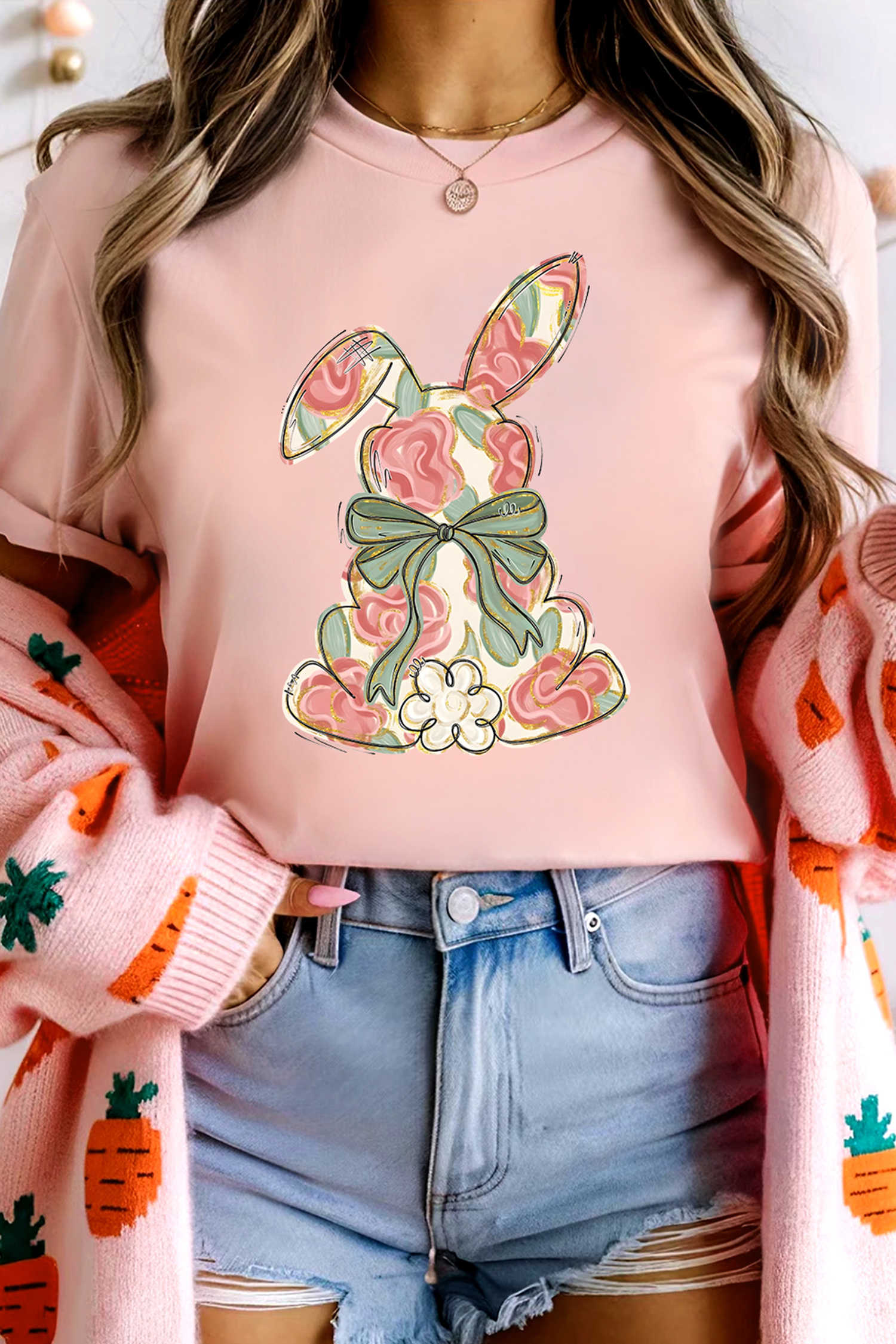 Pink Whimsical Floral Rabbit Easter Graphic Tee