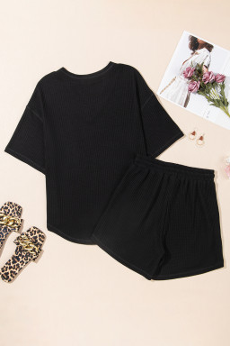 Black Solid Color Waffled V Neck Loose Tee Drawstring Shorts Set