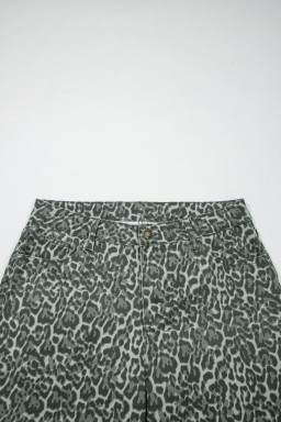 Gray Leopard Frayed Edge Wide Leg High Waist Jeans