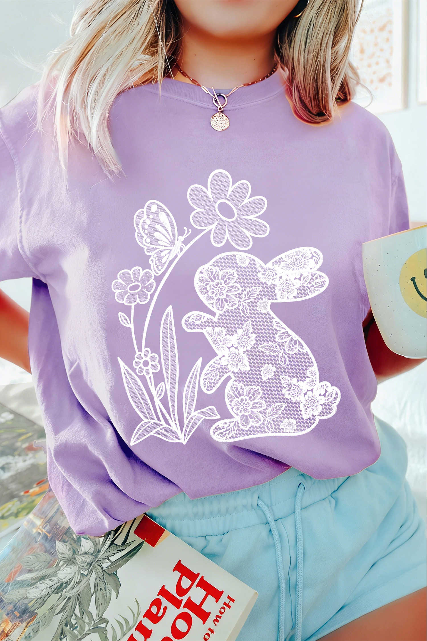 Wisteria DTG Printed Imitate Lace Flower Rabbit T Shirt