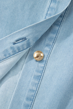 Beau Blue Full Buttons Collared Short Bubble Sleeve Long Denim Dress