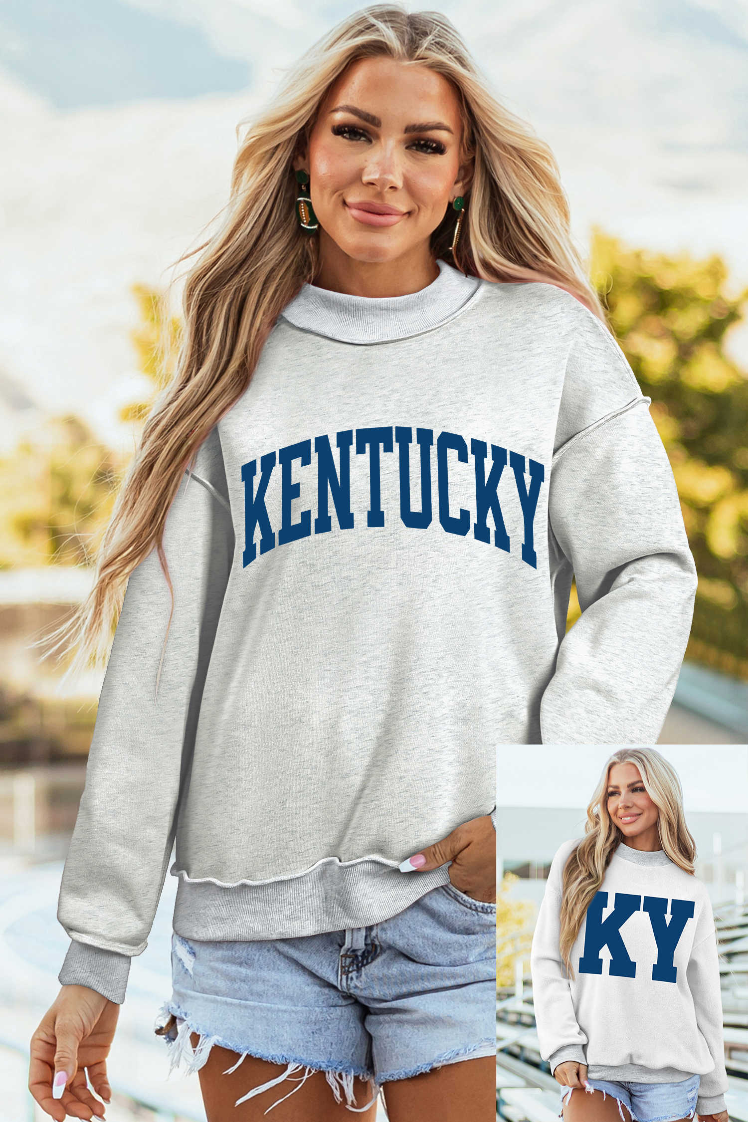 Light Grey KENTUCKY KY Letter Print Reversible High Neck Sweatshirt