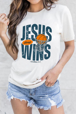 White JESUS WINS Retro Basketball Printed Tee