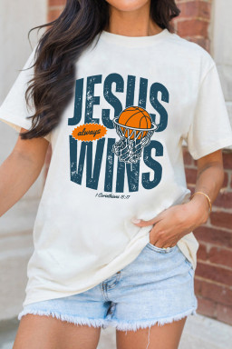 White JESUS WINS Retro Basketball Printed Tee