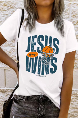 White JESUS WINS Retro Basketball Printed Tee