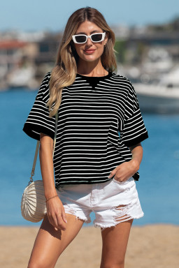 Black Stripe Ribbed Patchwork Seam Detail Half Sleeve Tee