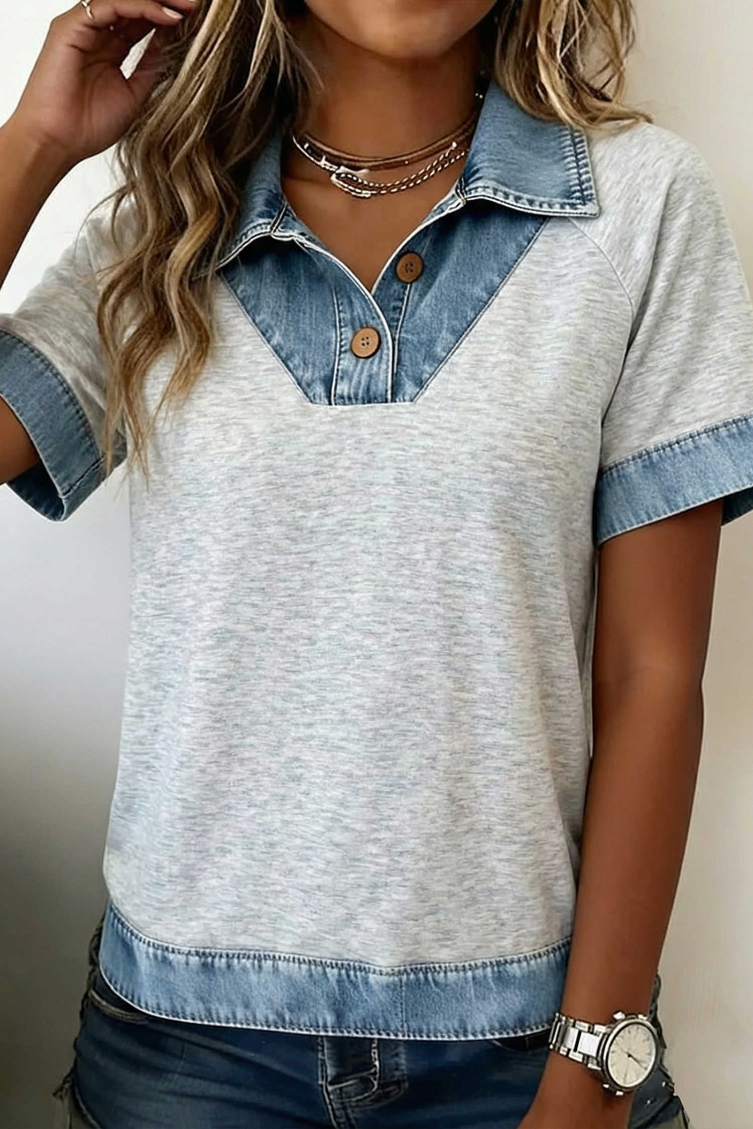 Light Grey Denim Contrast Collar Cuffed Short Sleeve Top