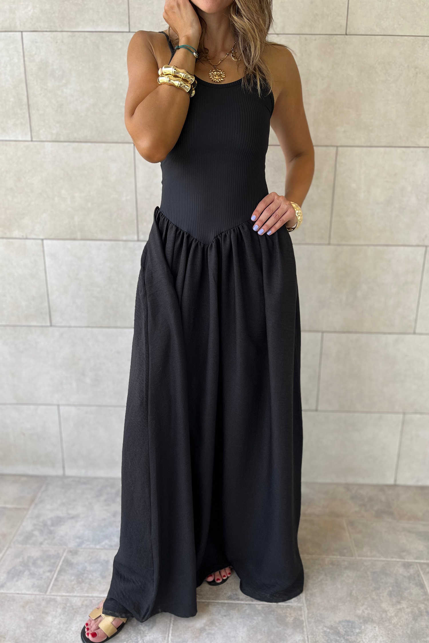 Black Spaghetti Straps Drop Waist Ribbed Patchwork Maxi Dress