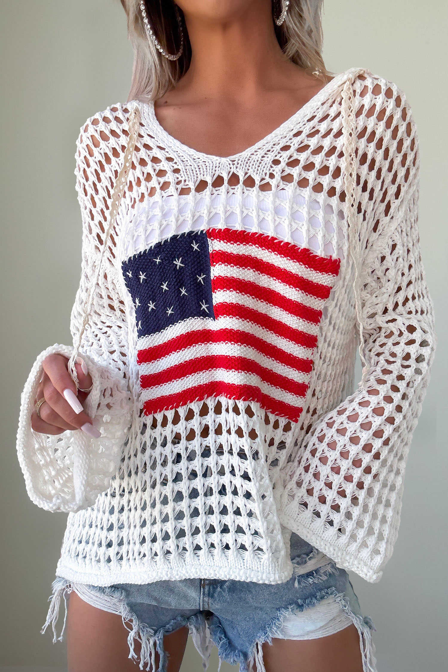 White Hollow Out Crochet Knit American Flag Patched Sweater Hoodie