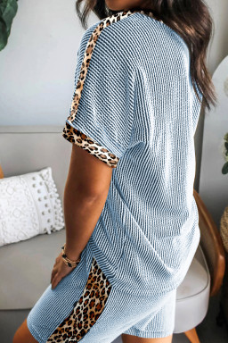 Sky Blue Leopard Trim Twist Ribbed Short Set