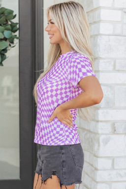 Purple Checkered Print Crew Neck Mesh T Shirt