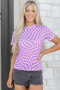 Purple Checkered Print Crew Neck Mesh T Shirt