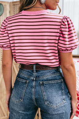 Rose Stripe Striped V-Neck Ribbed Collar Cuff Gathering Puff Sleeve Top