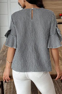 Black Plaid Bow Ruffled Half Sleeve Round Neck Blouse