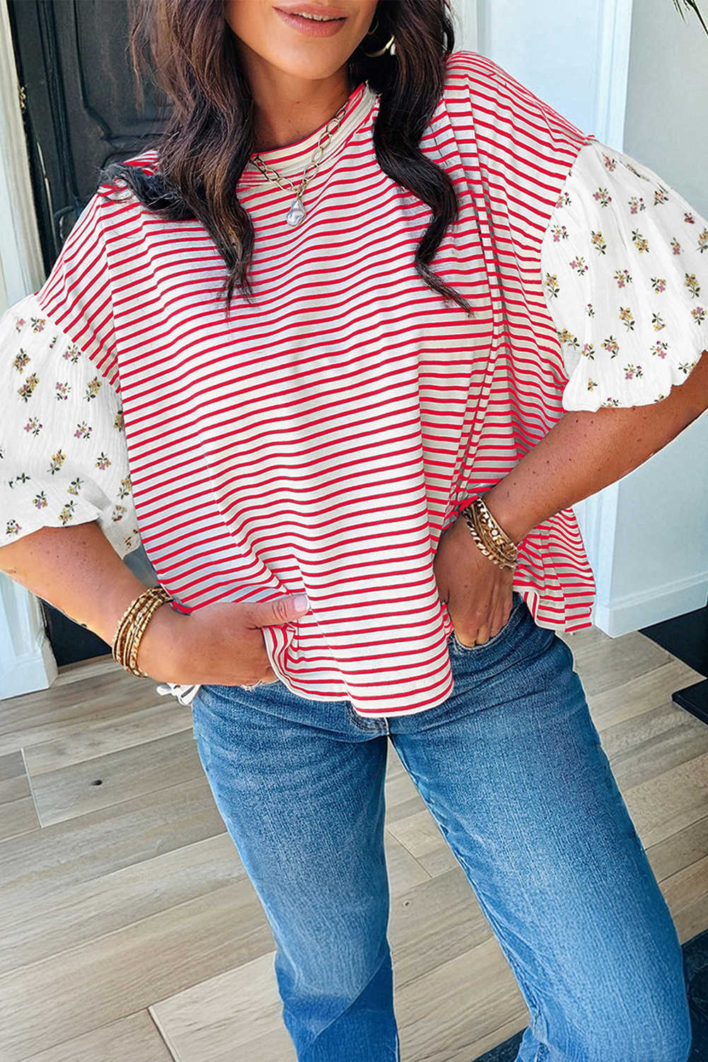 Red Stripe Floral Puff Sleeve Patchwork Round Neck Loose Top