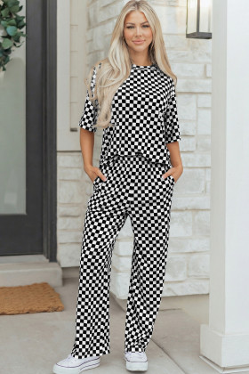 Black Checkered Print Half Sleeve Tee 2pcs Lounge Pant Set