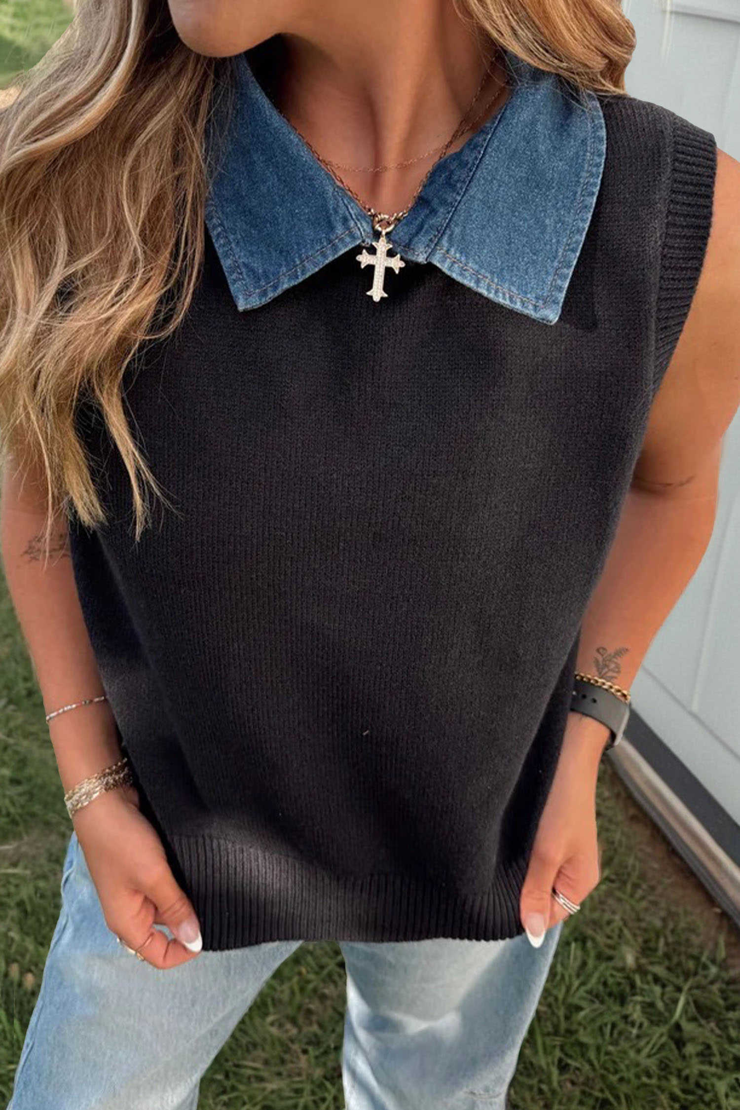 Black Solid Color Knit Contrast Denim Patchwork Collar Sweater Vest