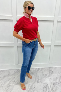 Fiery Red Striped Frilled Collar Short Sleeve Blouse