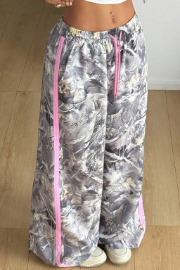 Gray Camo Woodland Print Color Block Detail Drawstring Wide Leg Sweatpants
