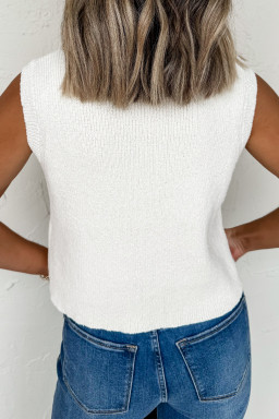 White Solid Color Sleeveless Knit Button Pocketed Sweater