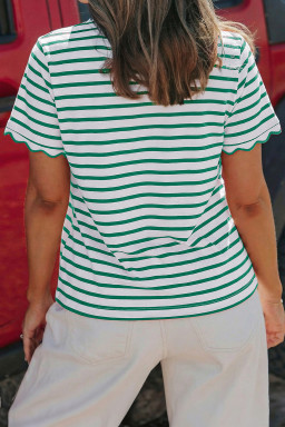 Green Stripe Scalloped Trim Round Neck T Shirt
