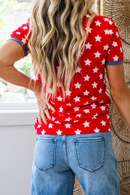 Red Stars Print Colorblock Binding Tape Collar Cuff Viscose Tunic Top