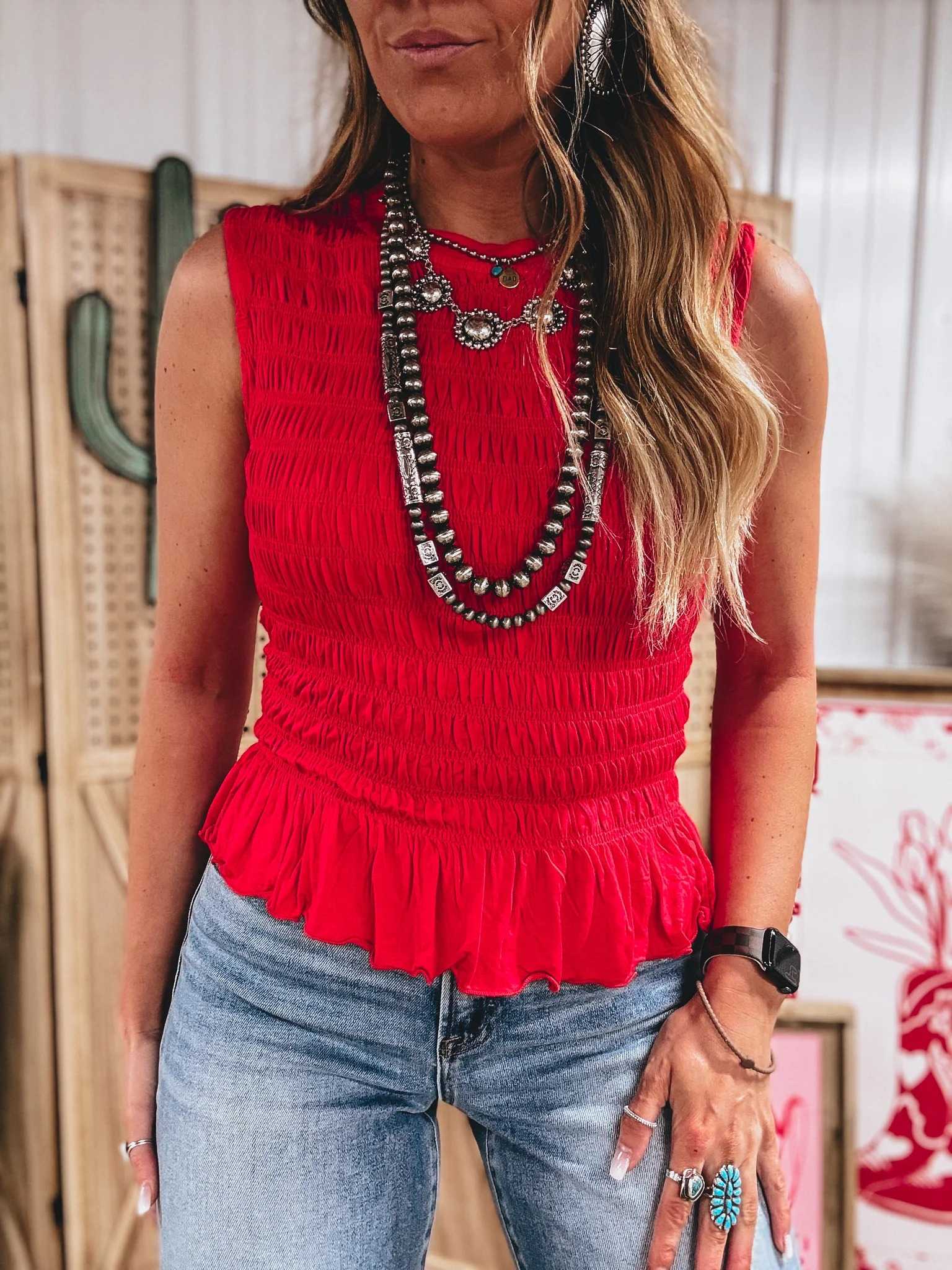 Fiery Red Shirred Slim Fit Ruffle Hem Tank Top