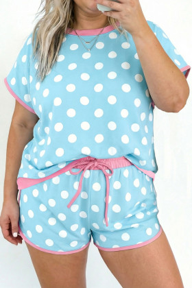 Sky Blue Polka Dot Print Color Block Trim Plus Size 2pcs Short Set