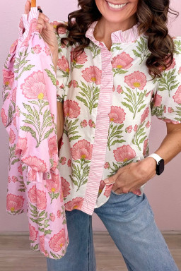 Pink Sweet Blooms Ruffle Striped Trim Puff Sleeve Shirt